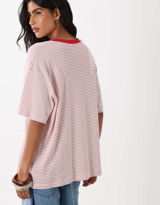 ASOS DESIGN - Oversized gestreept T-shirt met grafische La Playa-print in rood en wit, 4 van 4