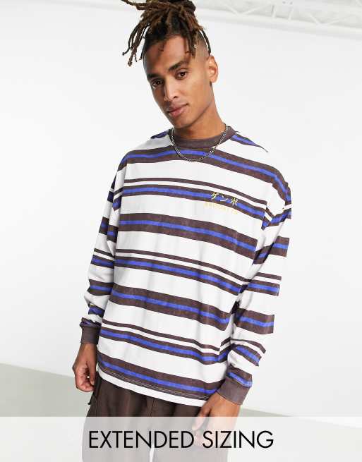 ASOS DESIGN - Oversized gestreept T-shirt met lange mouwen en print op de borst in gebroken wit met bruin