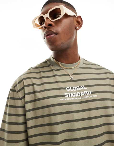 ASOS DESIGN - Oversized gestreept T-shirt met tekstprint op de borst in kaki - view 1
