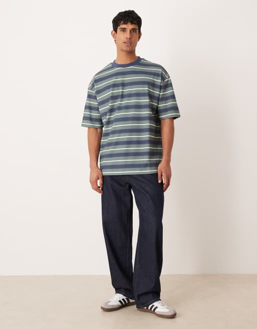 ASOS DESIGN - Oversized gestreept T-shirt van zware stof in blauw en bruin, 2 van 5