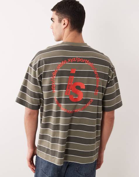 ASOS DESIGN - Oversized gestreept T-shirt van zware stof met grafische print in kaki - view 1