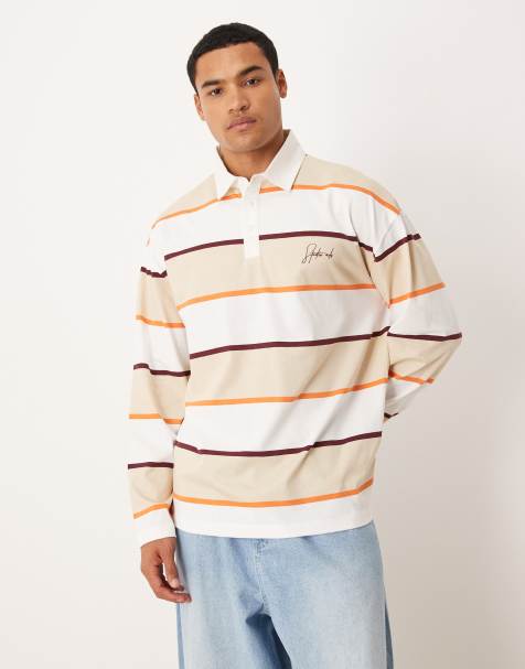 ASOS DESIGN - Oversized gestreepte polo met lange mouwen en tekstprint in neutraal - view 1