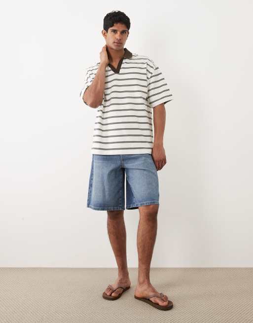 ASOS DESIGN - Oversized gestreepte polo van zware stof in gebroken wit en bruin, 2 van 5