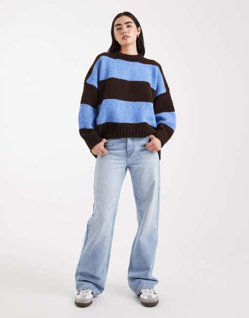 ASOS DESIGN - Oversized gestreepte trui met ronde hals in chocoladebruin en blauw, 2 van 4