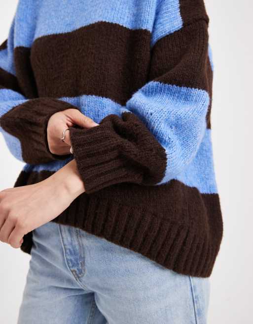 ASOS DESIGN - Oversized gestreepte trui met ronde hals in chocoladebruin en blauw, 3 van 4