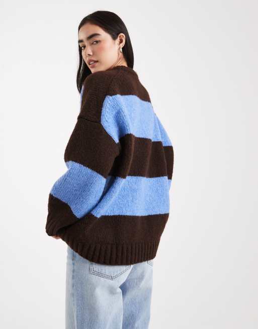 ASOS DESIGN - Oversized gestreepte trui met ronde hals in chocoladebruin en blauw, 4 van 4