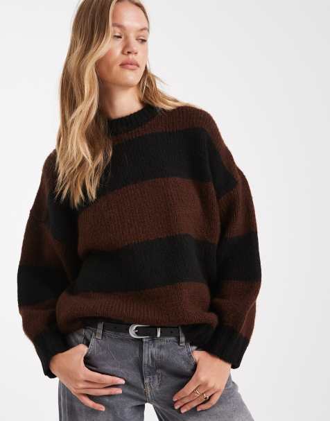 ASOS DESIGN - Oversized gestreepte trui met ronde hals in zwart en chocoladebruin - view 1