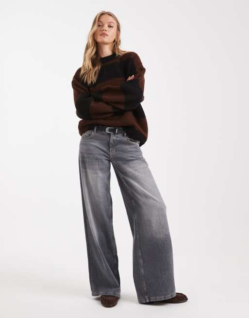 ASOS DESIGN - Oversized gestreepte trui met ronde hals in zwart en chocoladebruin, 2 van 4