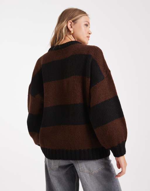 ASOS DESIGN - Oversized gestreepte trui met ronde hals in zwart en chocoladebruin, 3 van 4