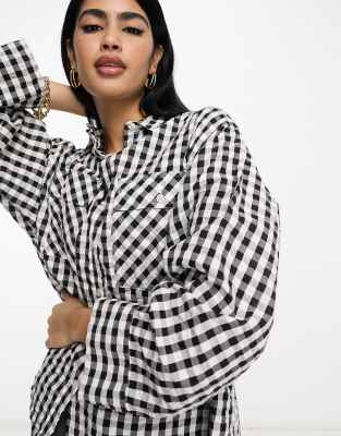 Shop Asos Design Oversized Gingham Shirt In Mono-multi