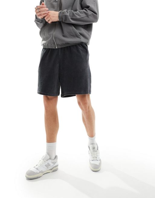 FhyzicsShops DESIGN - Oversized, grå panelled shorts i ribstrikket velour