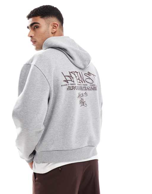 ASOS DESIGN - Oversized gråmeleret hættetrøje med sømdetaljer, firkantet pasform og graffitiprint
