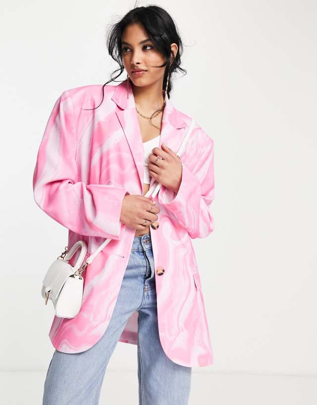 ASOS DESIGN oversized grandad blazer in pink swirl print