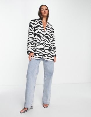 Shop Asos Design Oversized Grandad Blazer In Zebra Print-multi