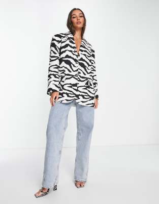 ASOS DESIGN oversized grandad blazer in zebra print-Multi