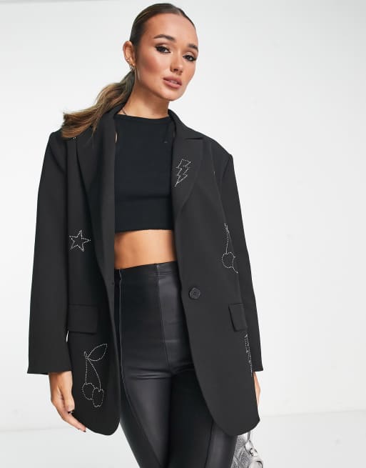 ASOS DESIGN oversized grandad blazer with hotfix motifs in black
