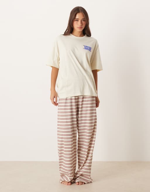 ASOS DESIGN oversized tee & wide leg pants pyjama set with girly coffee print in brown