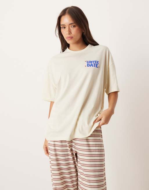 ASOS DESIGN oversized tee & wide leg pants pyjama set with girly coffee print in brown