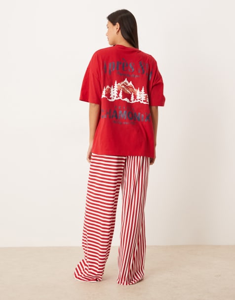 ASOS DESIGN oversized graphic tee & wide leg trouser pyjama set in apre ski print - view 1
