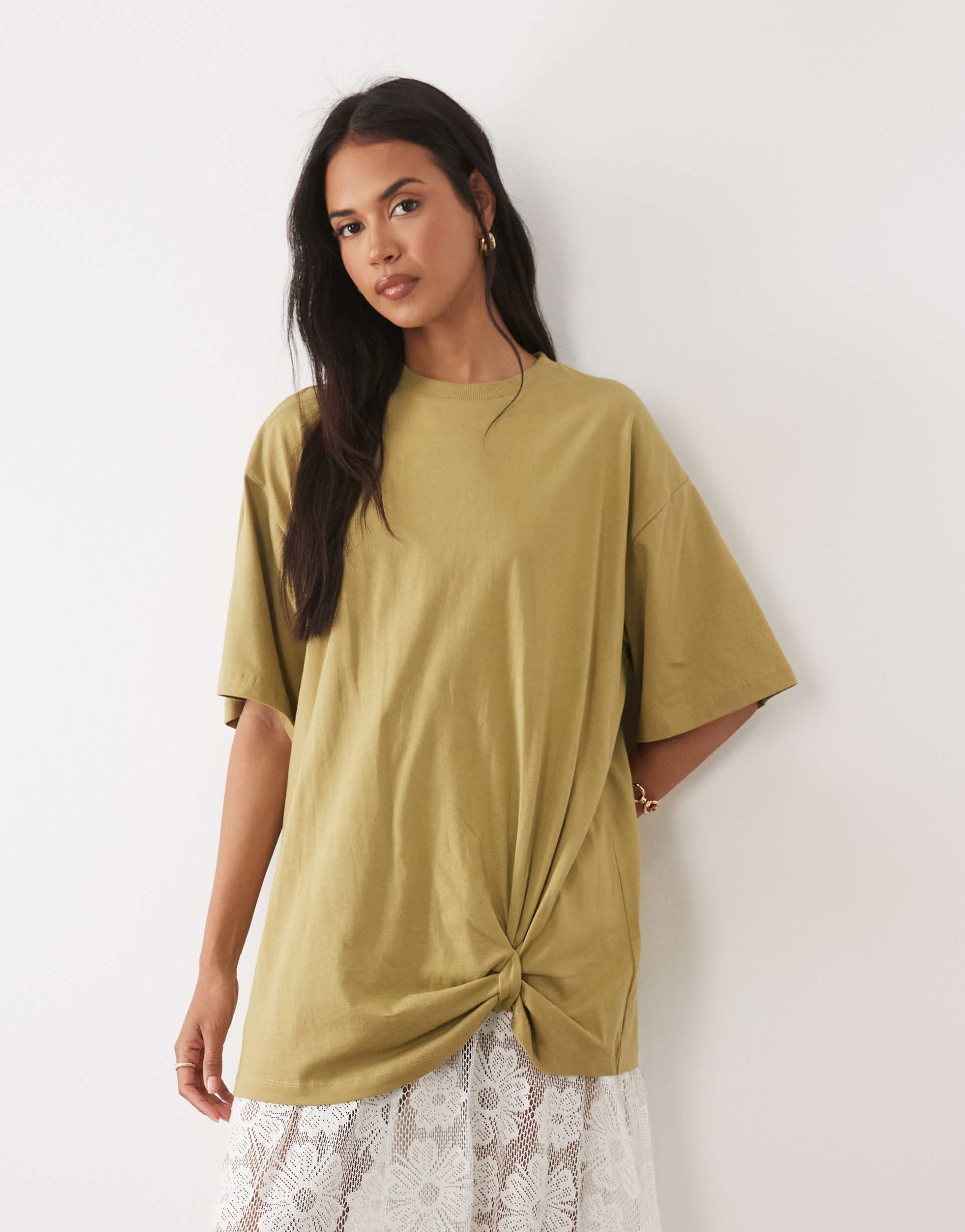 asos design oversized graphic tee with lace cami underdress in green