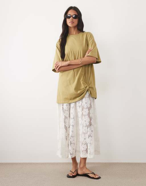 ASOS DESIGN oversized graphic tee with lace cami underdress in green, 2 of 4