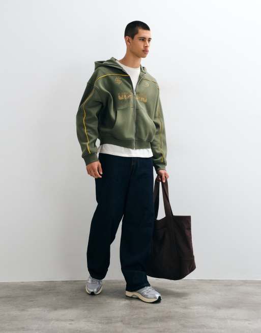 ASOS DESIGN - Oversized grøn hættetrøje i firkantet pasform med lynlås og pyntekanter samt print, 4 af 10