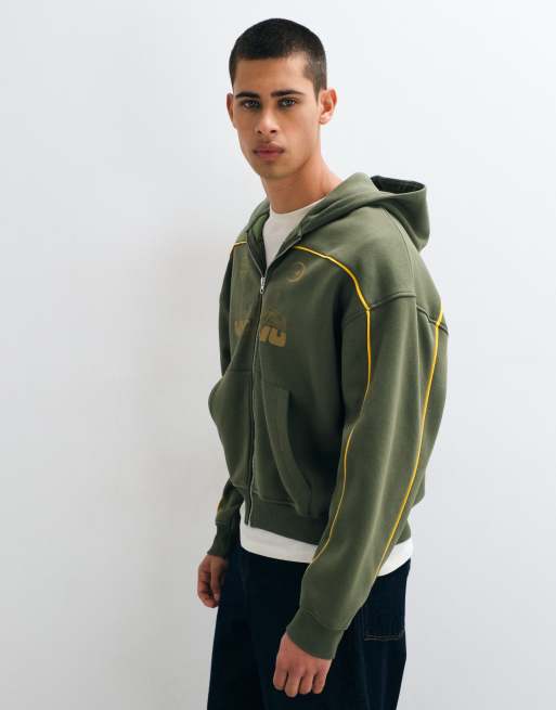 ASOS DESIGN - Oversized grøn hættetrøje i firkantet pasform med lynlås og pyntekanter samt print, 5 af 10
