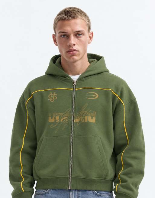 ASOS DESIGN - Oversized grøn hættetrøje i firkantet pasform med lynlås og pyntekanter samt print, 6 af 10