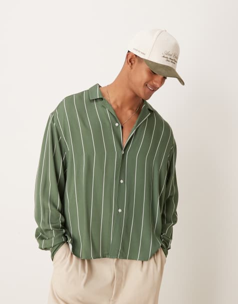 ASOS DESIGN - Oversized grøn skjorte med striber og reverskrave i firkantet pasform - view 1