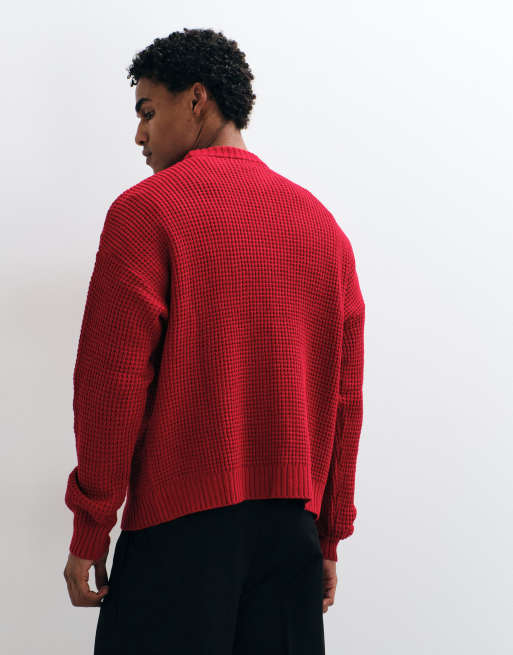 ASOS DESIGN oversized grofgebreide wafeltrui in rood, 5 van 5