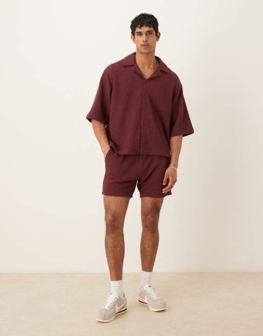 ASOS DESIGN oversized half sleeve crochet shirt in burgundy - part of a set