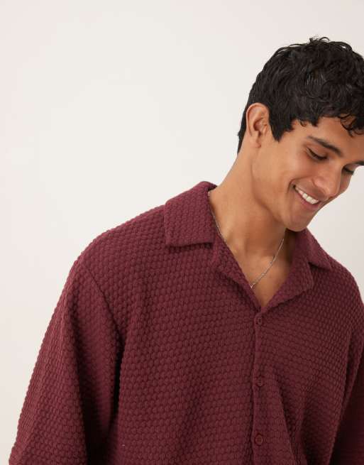 ASOS DESIGN oversized half sleeve crochet shirt in burgundy - part of a set