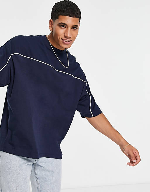 oversized half sleeve cut and sew t-shirt in navy with white piping 