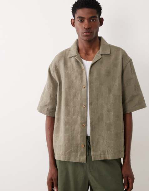 ASOS DESIGN oversized half sleeve revere grid textured shirt in khaki