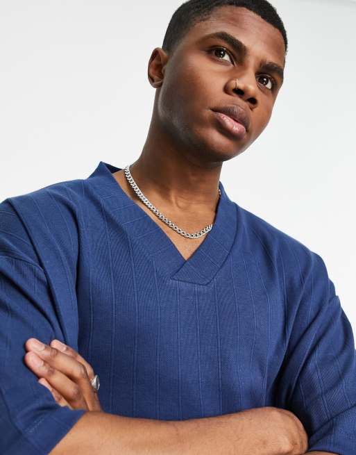 ASOS DESIGN oversized half sleeve rib t-shirt with v neck in navy, 3 of 4