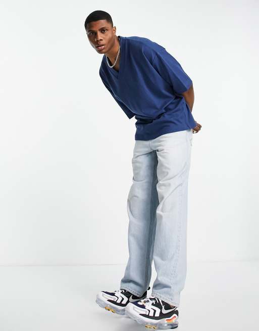 ASOS DESIGN oversized half sleeve rib t-shirt with v neck in navy, 4 of 4