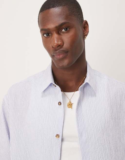 ASOS DESIGN oversized half sleeve seersucker stripe shirt in blue