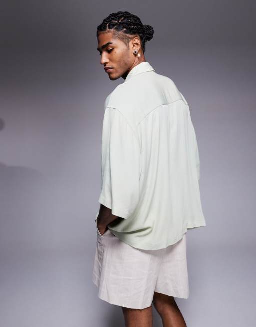 ASOS DESIGN oversized half sleeve sheer shirt in sage, 3 of 4