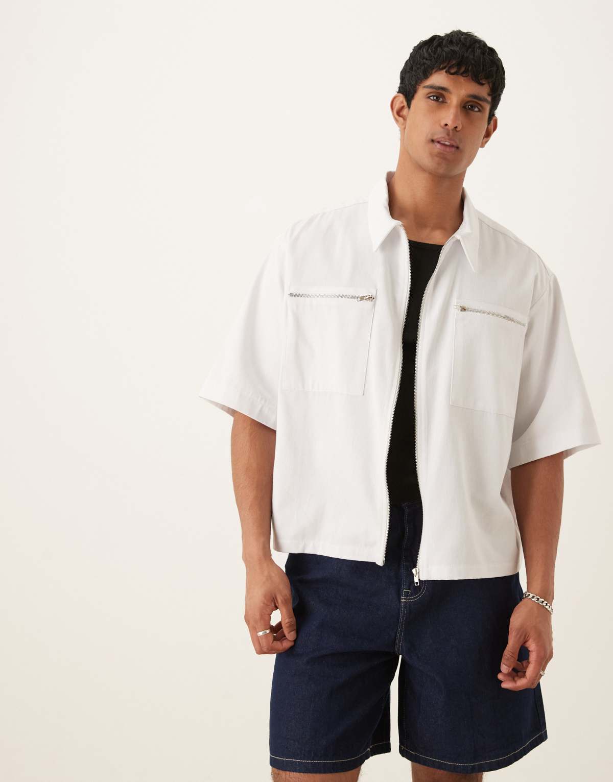 ASOS DESIGN oversized half sleeve shirt with zip pocket detail in white
