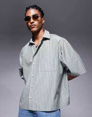 Asos Design Oversized Half Sleeve Striped Shirt In Green