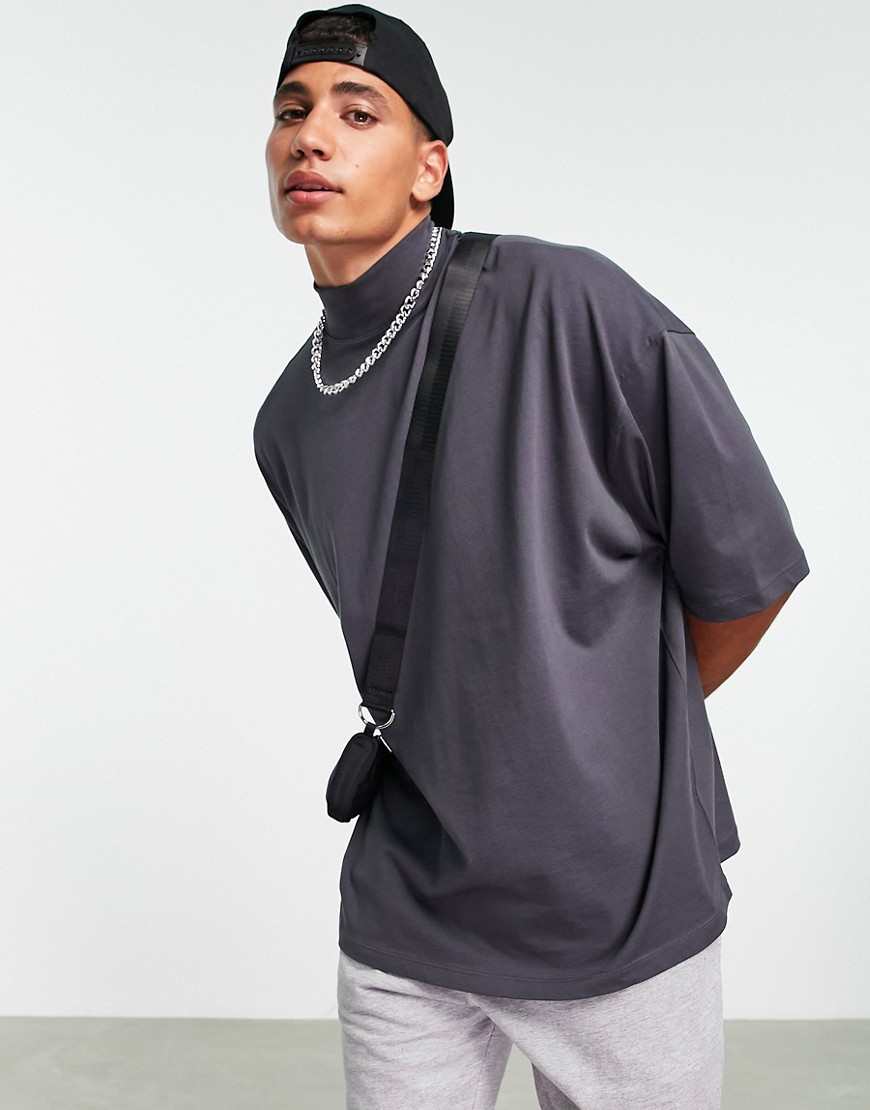 ASOS DESIGN oversized half sleeve t-shirt with turtle neck in washed black