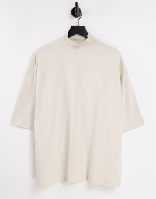 Asos Design Oversized Half Sleeve T Shirt With Turtleneck In Beige Asos