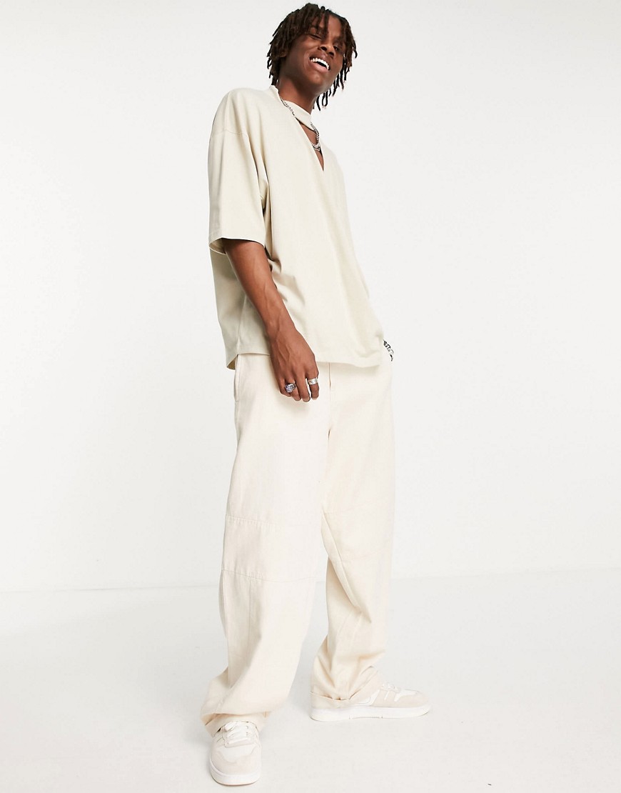 asos design oversized half sleeve wrap t-shirt in beige-neutral