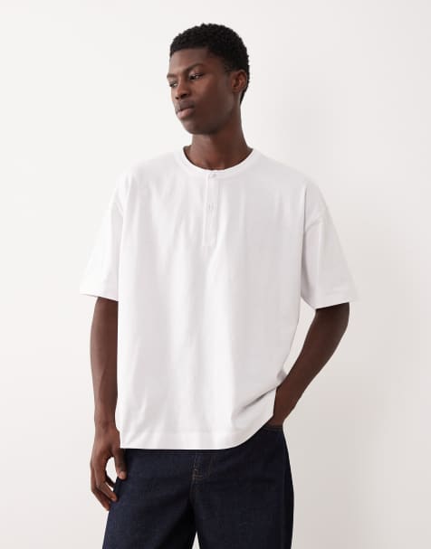ASOS DESIGN oversized half sleeves henley t-shirt in white - view 1