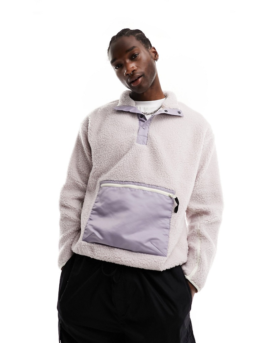 Asos Design Oversized Half Snap Sweatshirt In Lilac Borg With Nylon Pocket-purple