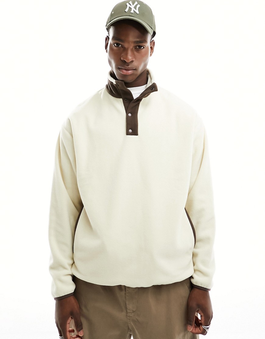 Shop Asos Design Oversized Half Snap Sweatshirt In Off White Polar Fleece