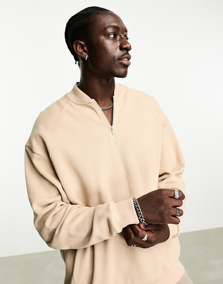 Asos Design Oversized Half Zip Sweatshirt In Beige Floral Geo Fabric With Piping-neutral
