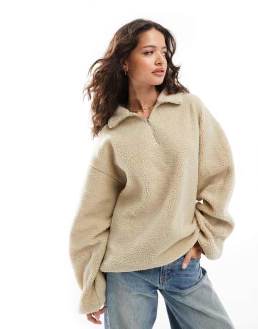 ASOS DESIGN oversized half zip borg fleece in neutral