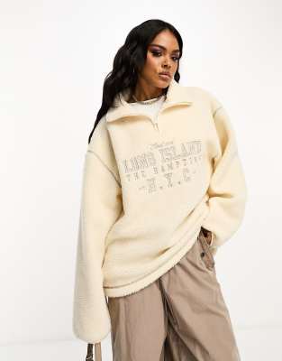 ASOS DESIGN ASOS DESIGN oversized half zip borg fleece with Long Island embroidery-Neutral