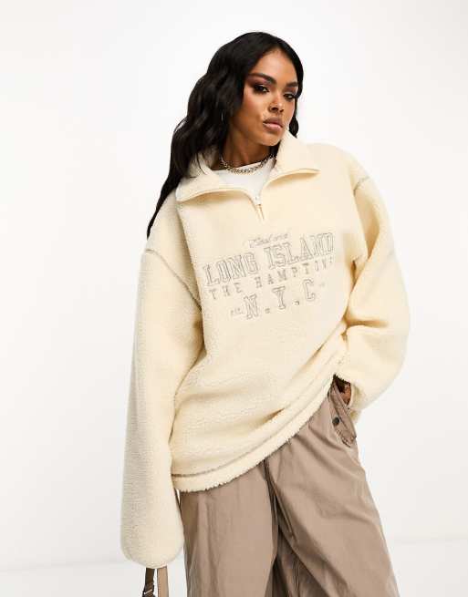 ASOS DESIGN oversized half zip borg fleece with Long Island embroidery ...